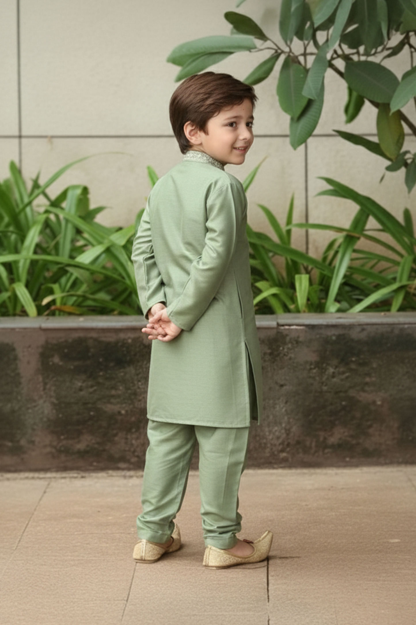Green embroidered silk kurta with matching silk pyjama