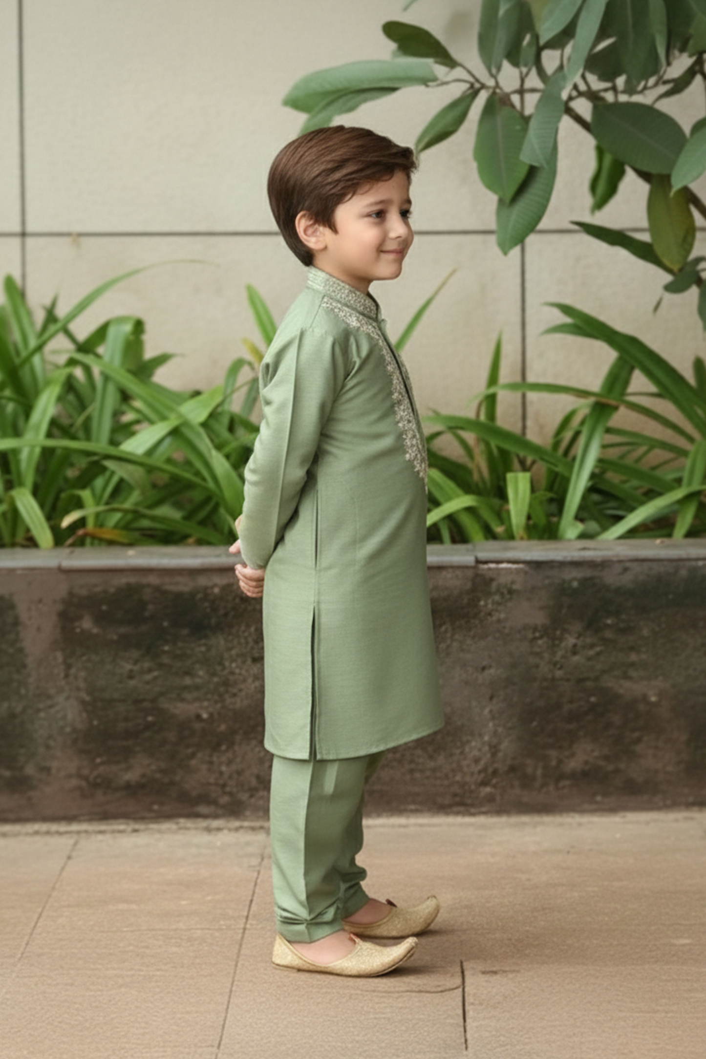 Green embroidered silk kurta with matching silk pyjama