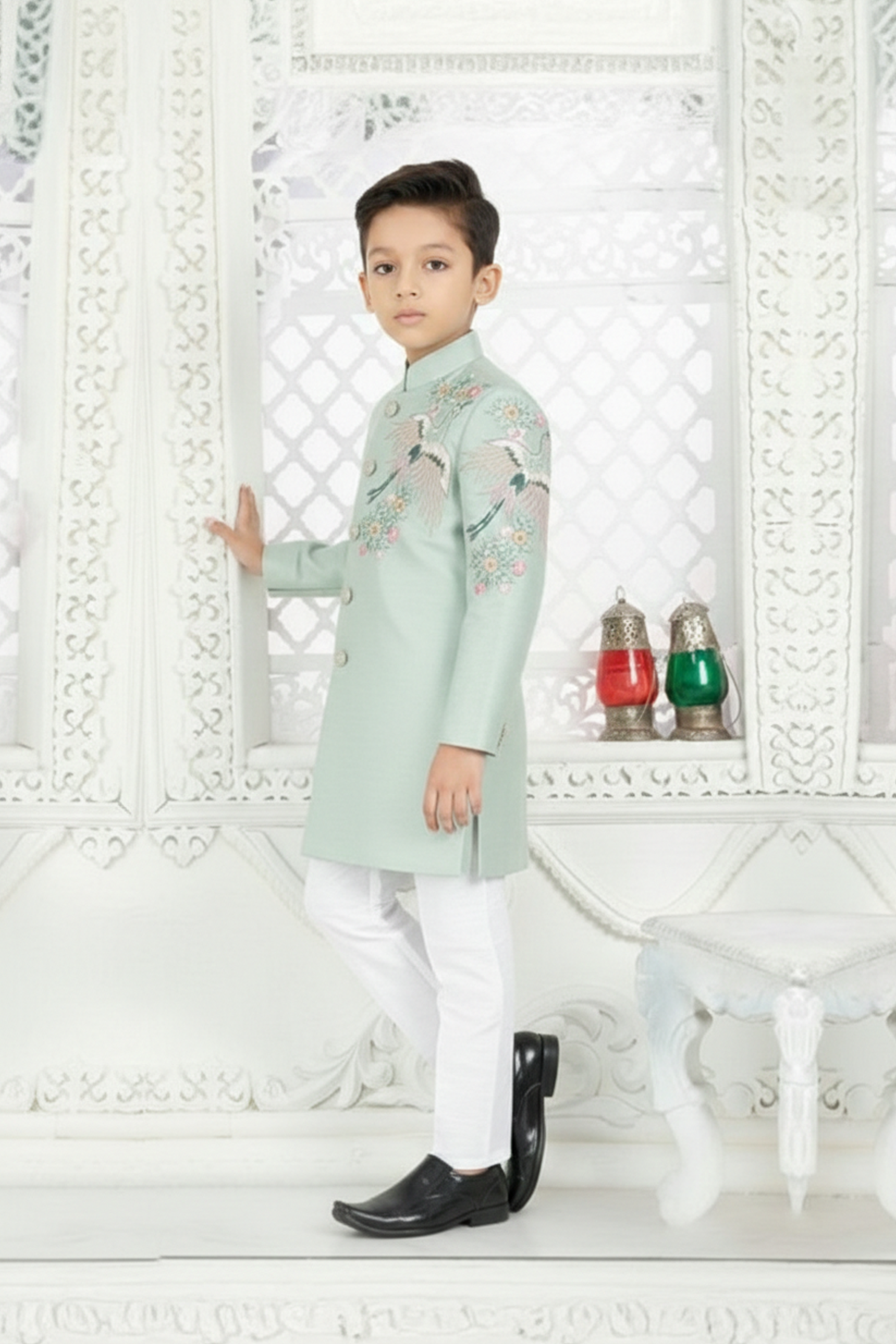Crane embroidered sherwani with pyjama