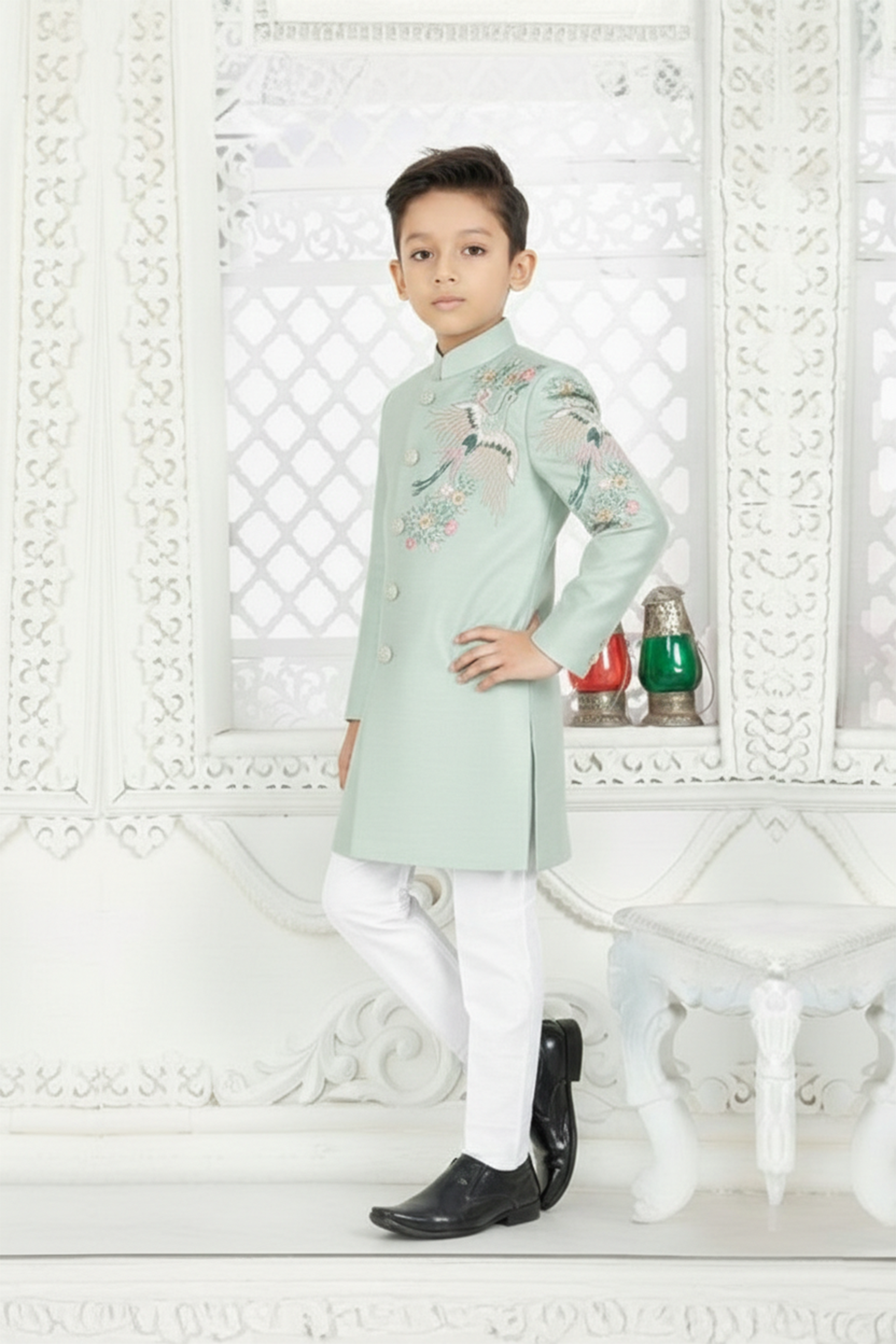 Crane embroidered sherwani with pyjama