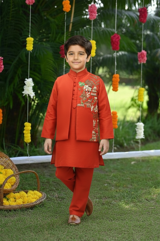 Red kurta embroidered front open jacket and pyjama