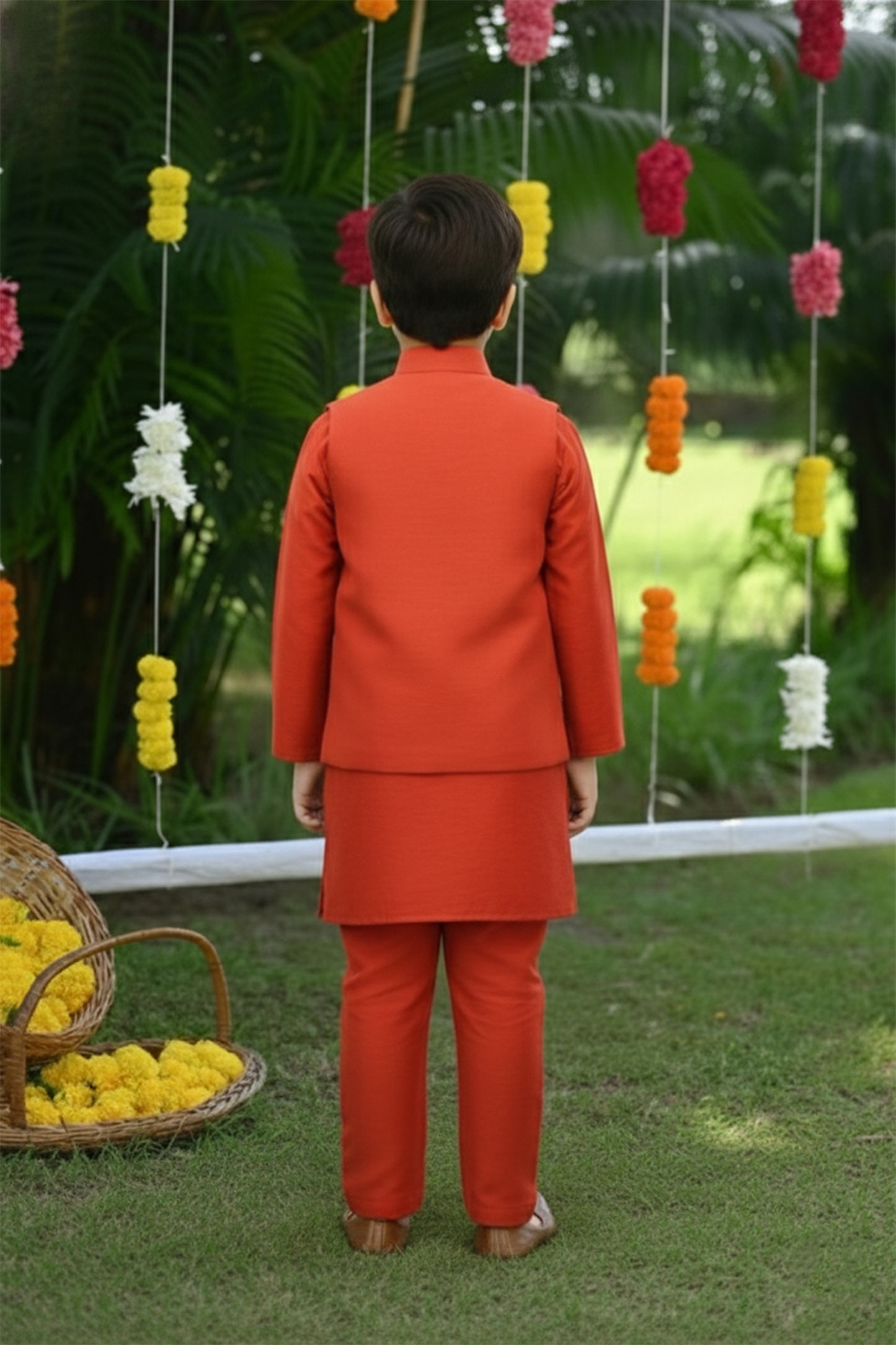 Red kurta embroidered front open jacket and pyjama