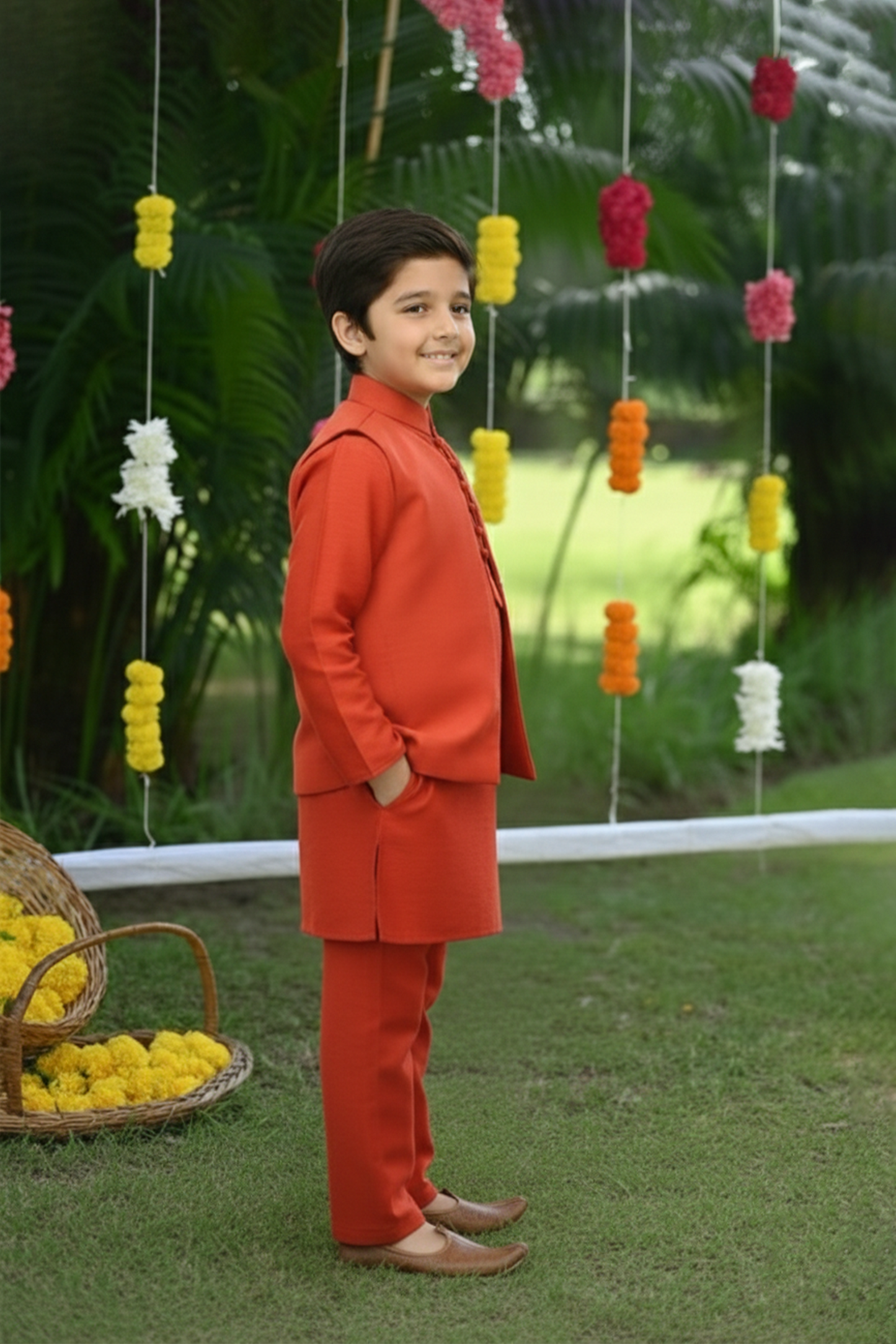 Red kurta embroidered front open jacket and pyjama