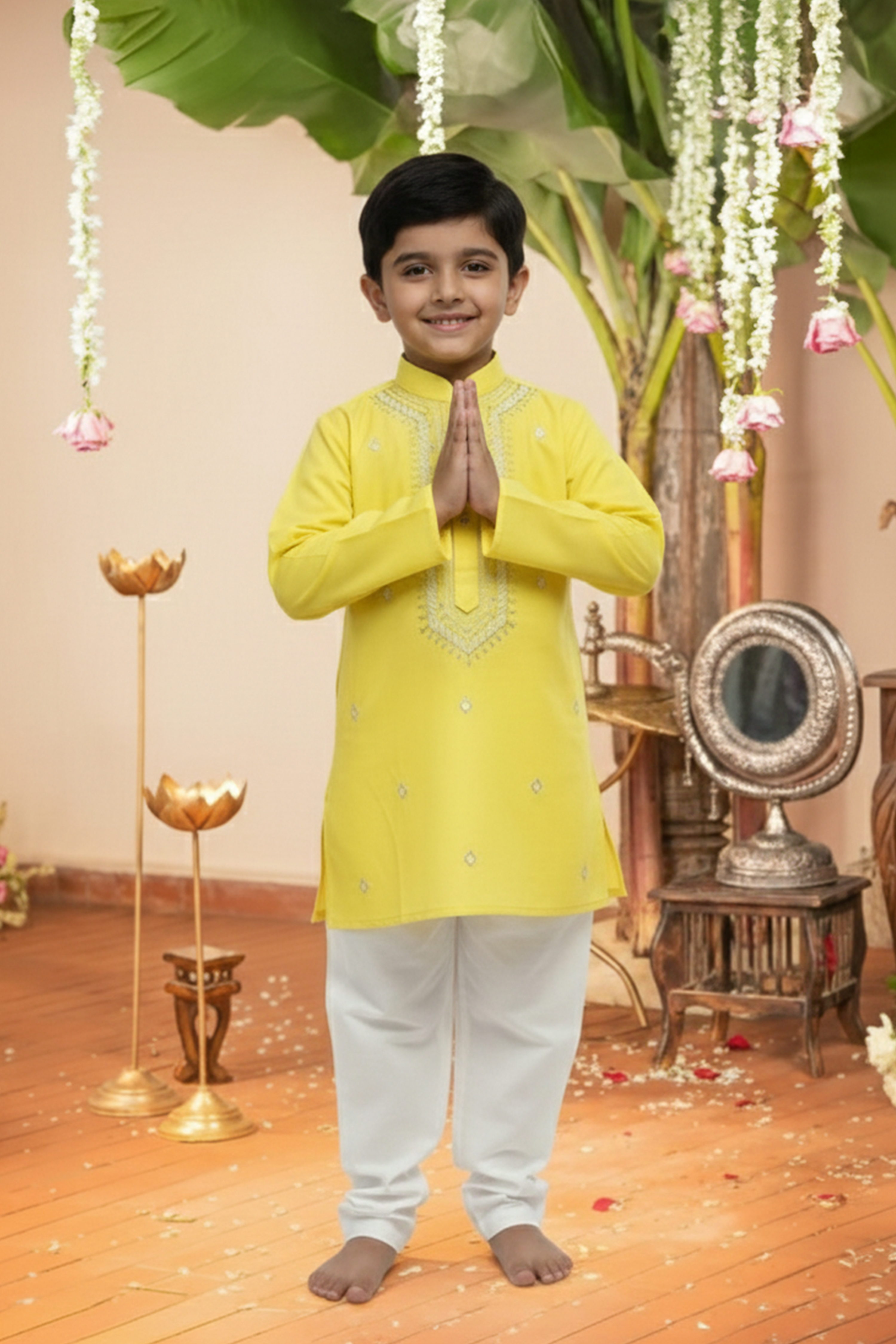 Yellow embroidered kurta and churidar