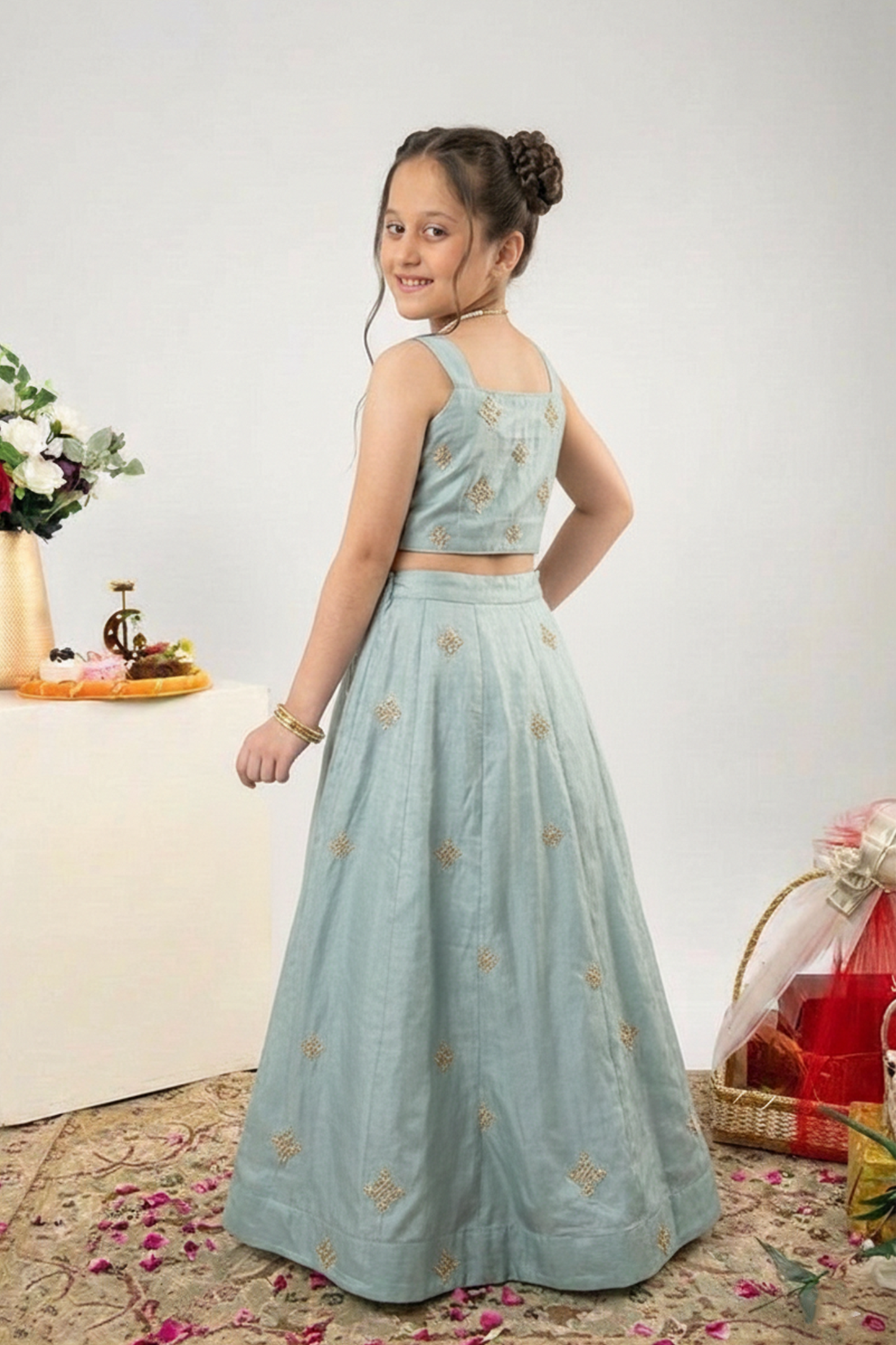 Mint brooch embroidered lehenga set