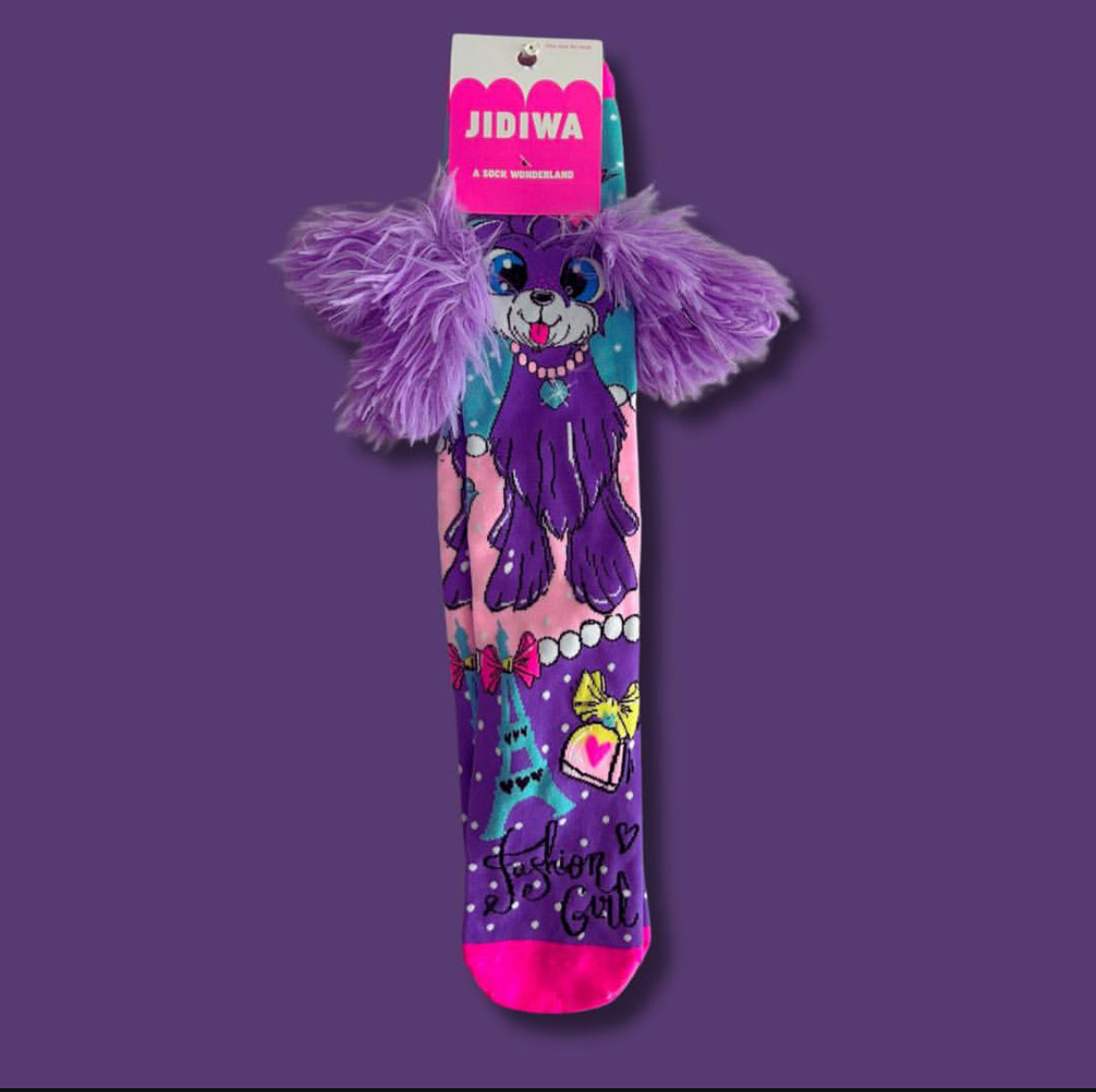 Premium quality 3D knee high puppy socks (pink purple)