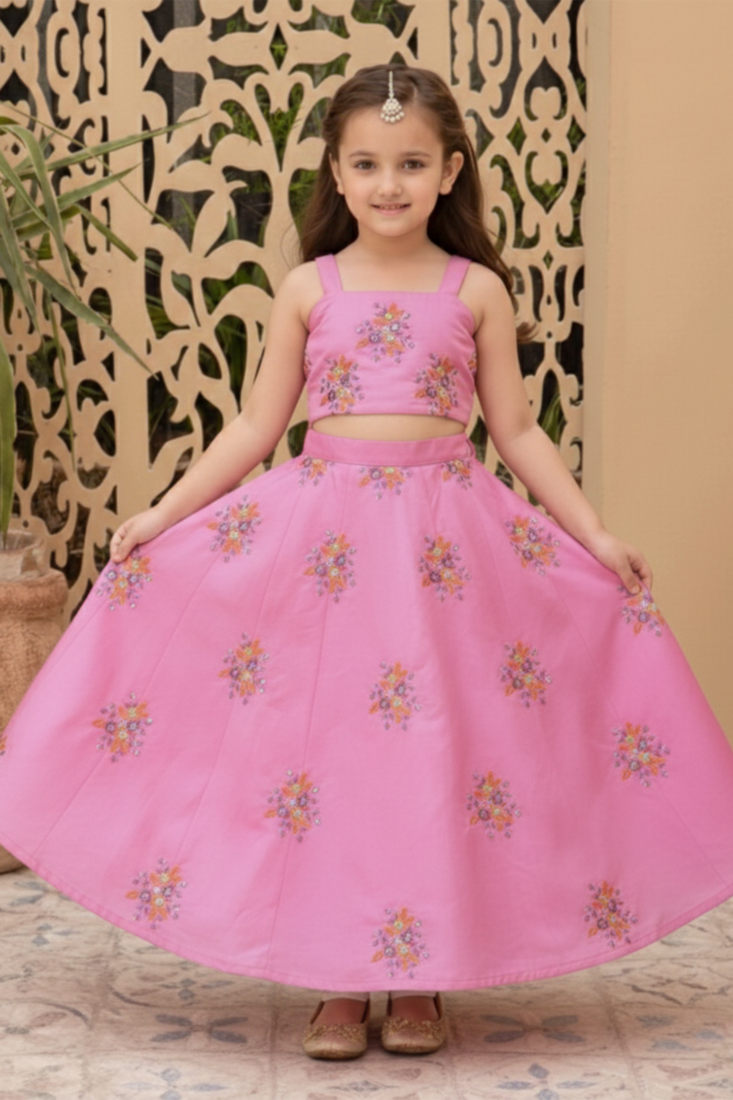 Pink meadow embroidered lehenga set