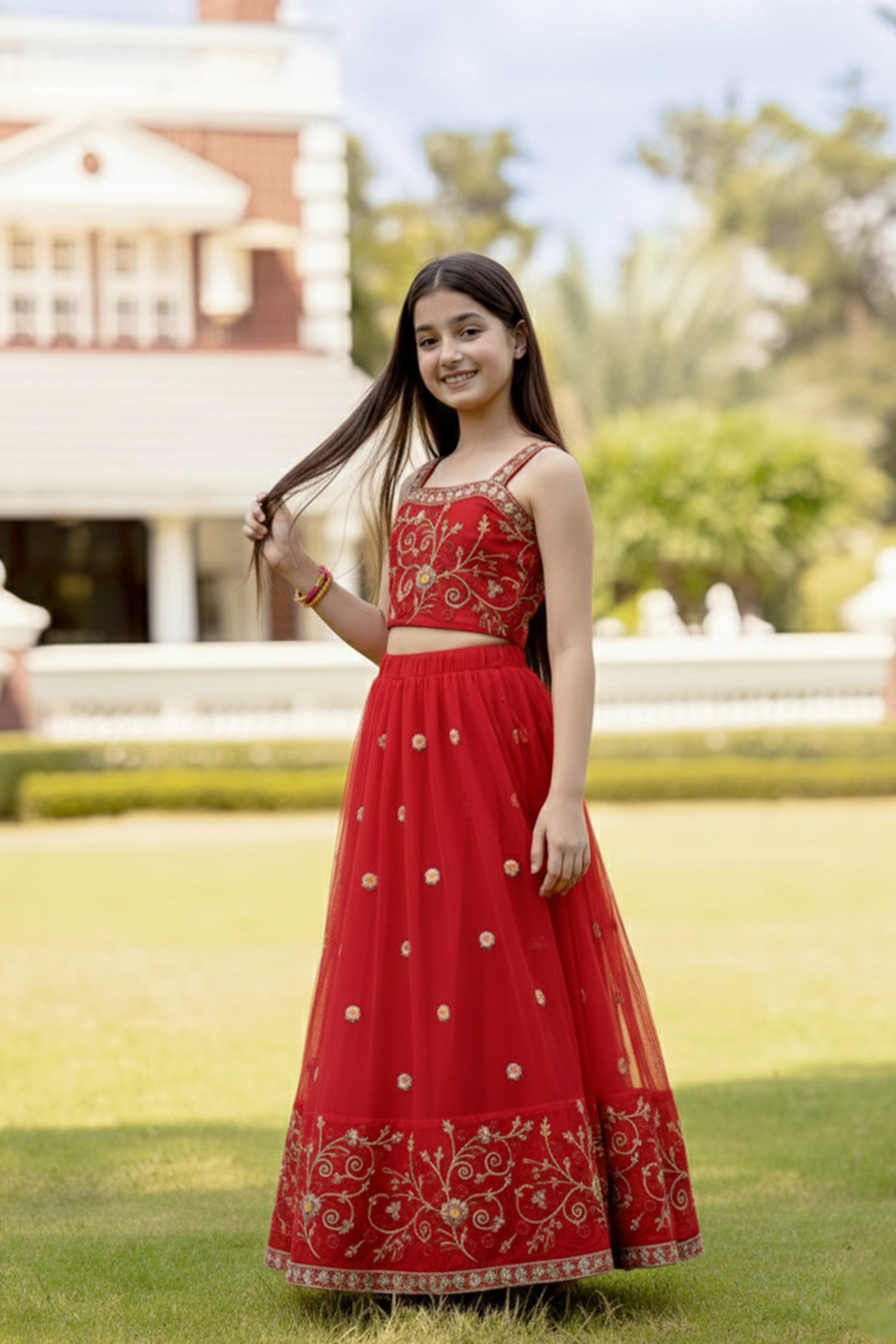 Red fiesta embroidery lehenga set