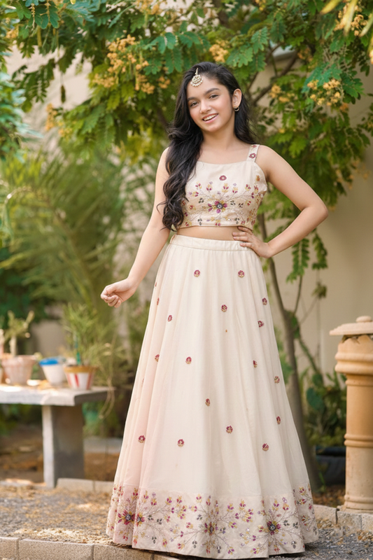 White bloom embroidered lehenga set