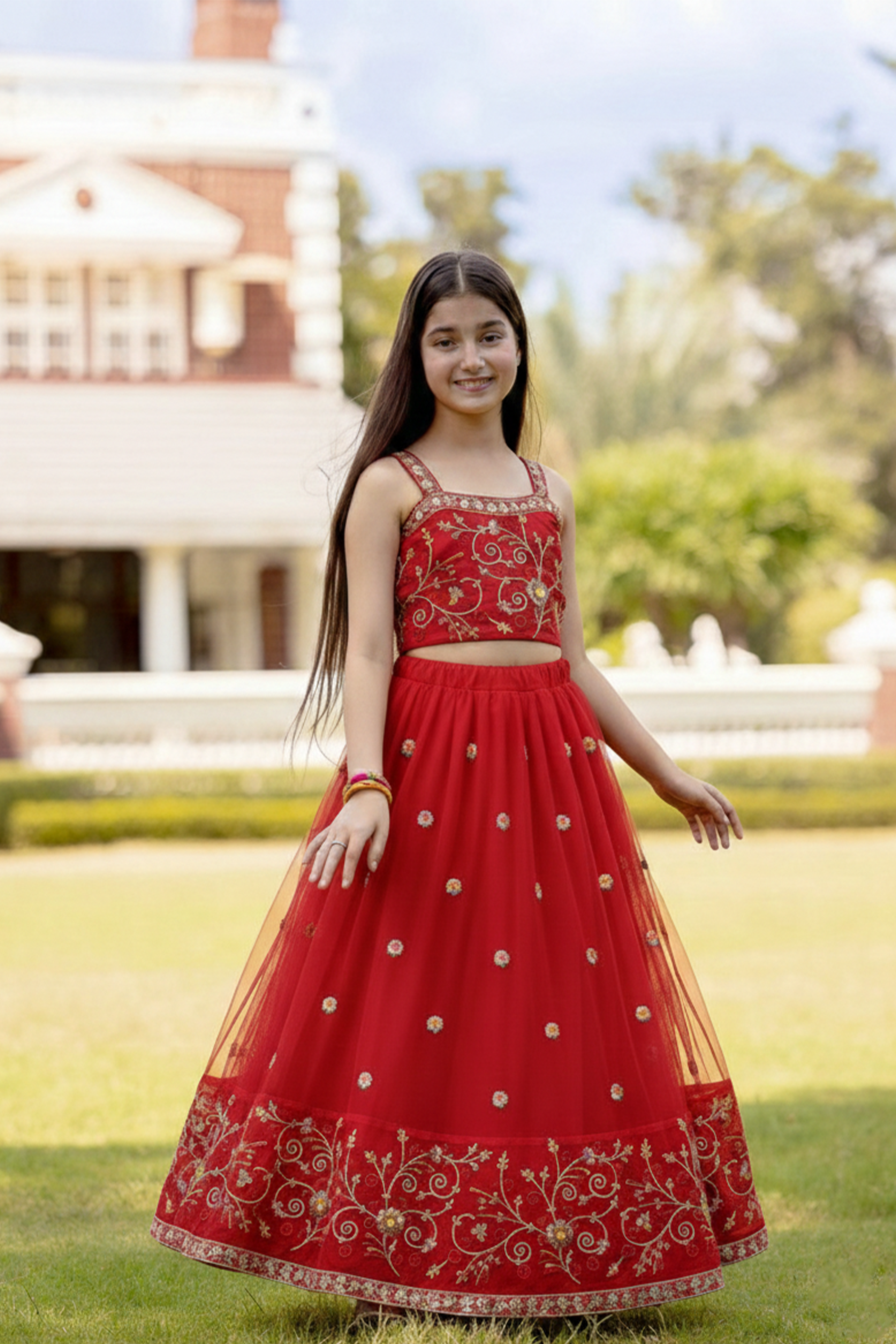 Red fiesta embroidery lehenga set