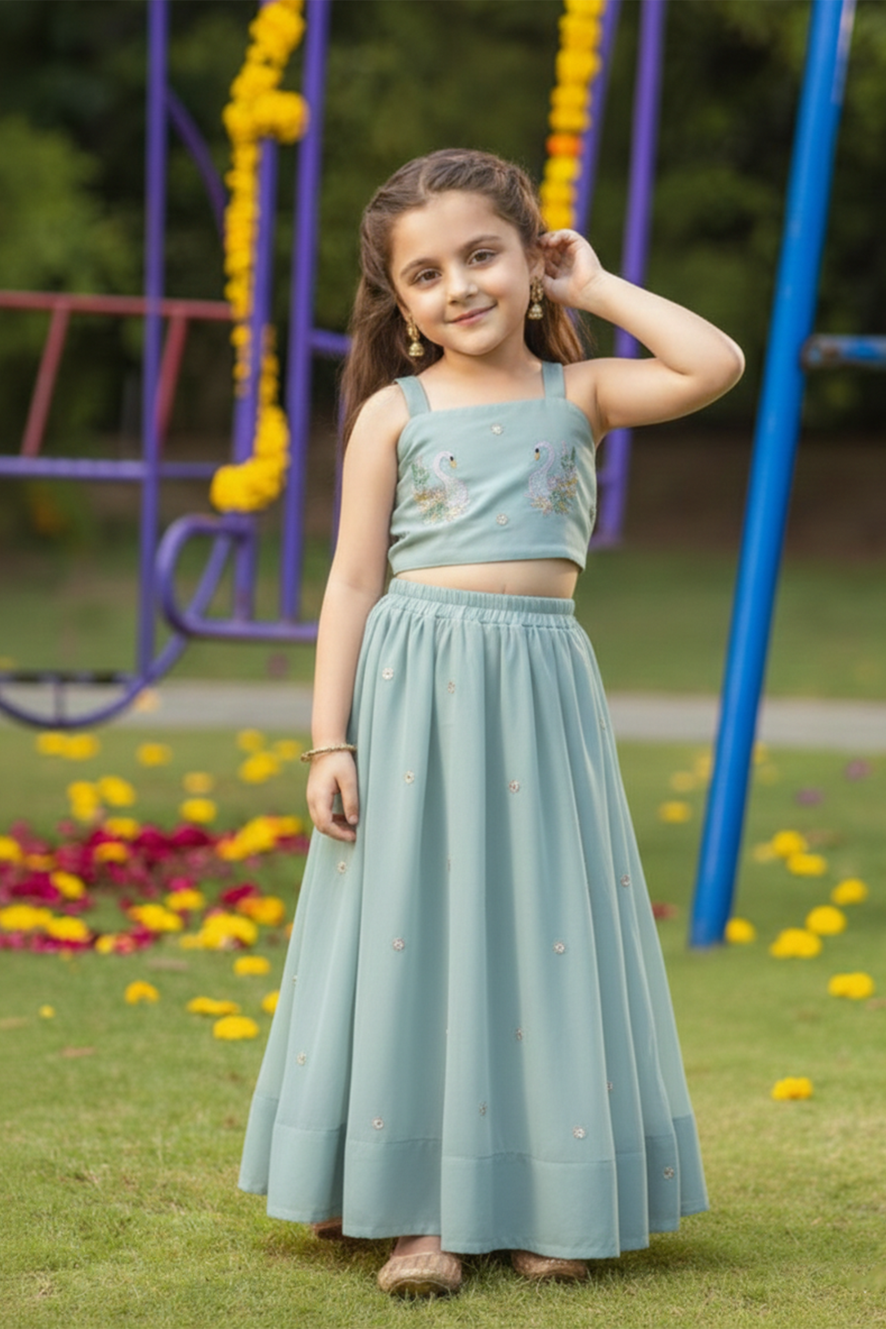 Mint swan embroidered lehenga set