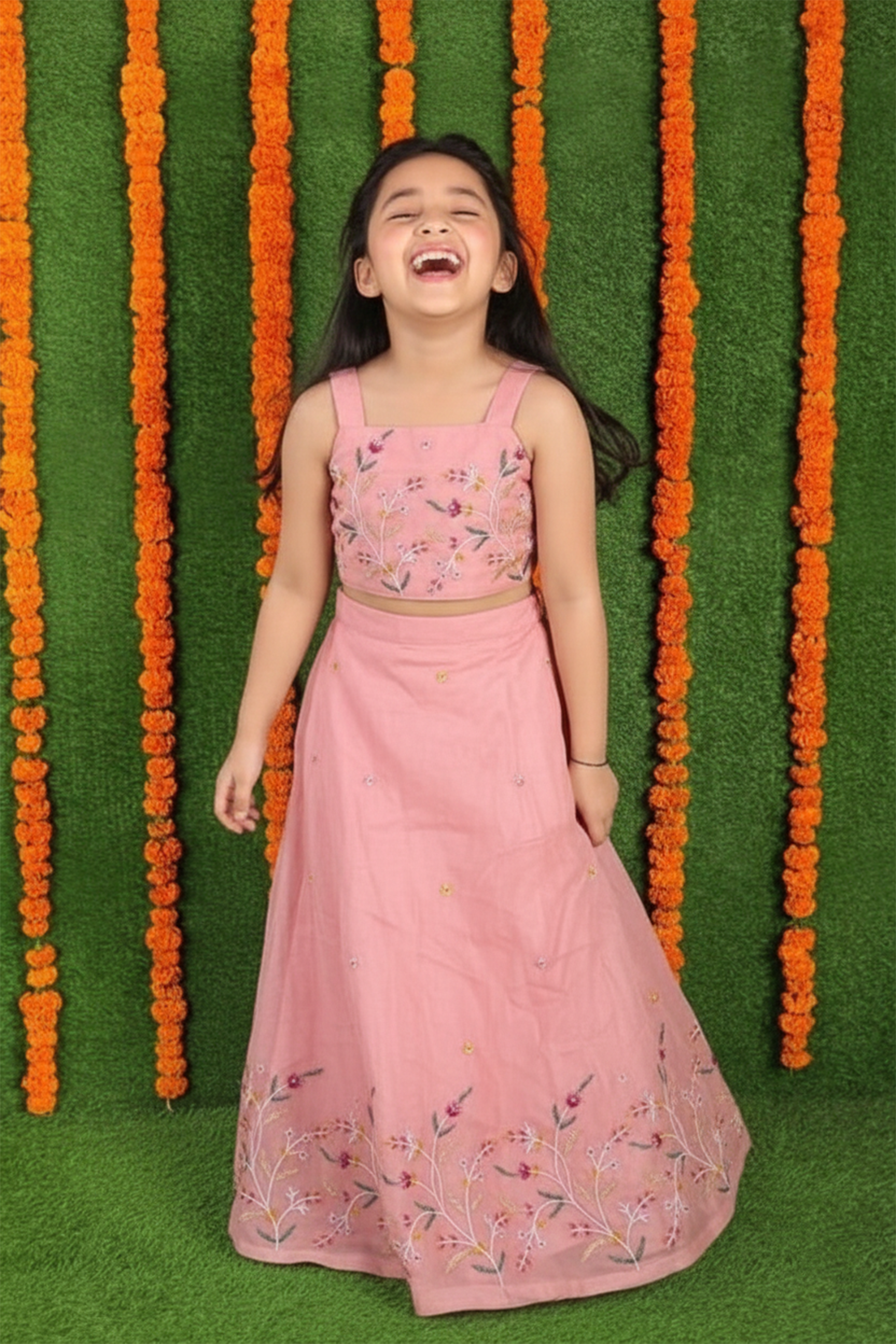 Peach flowers embroidered lehenga set