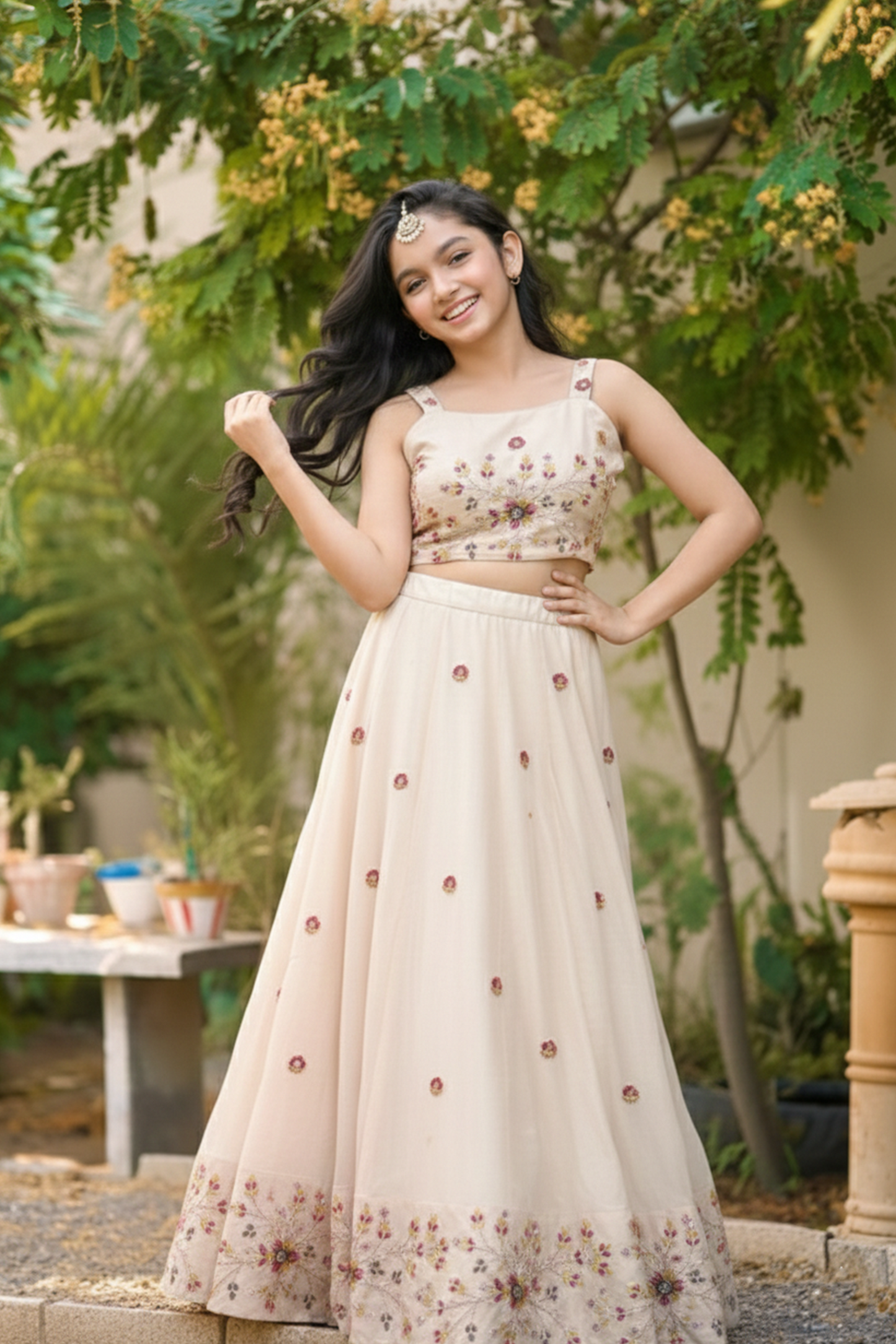 White bloom embroidered lehenga set