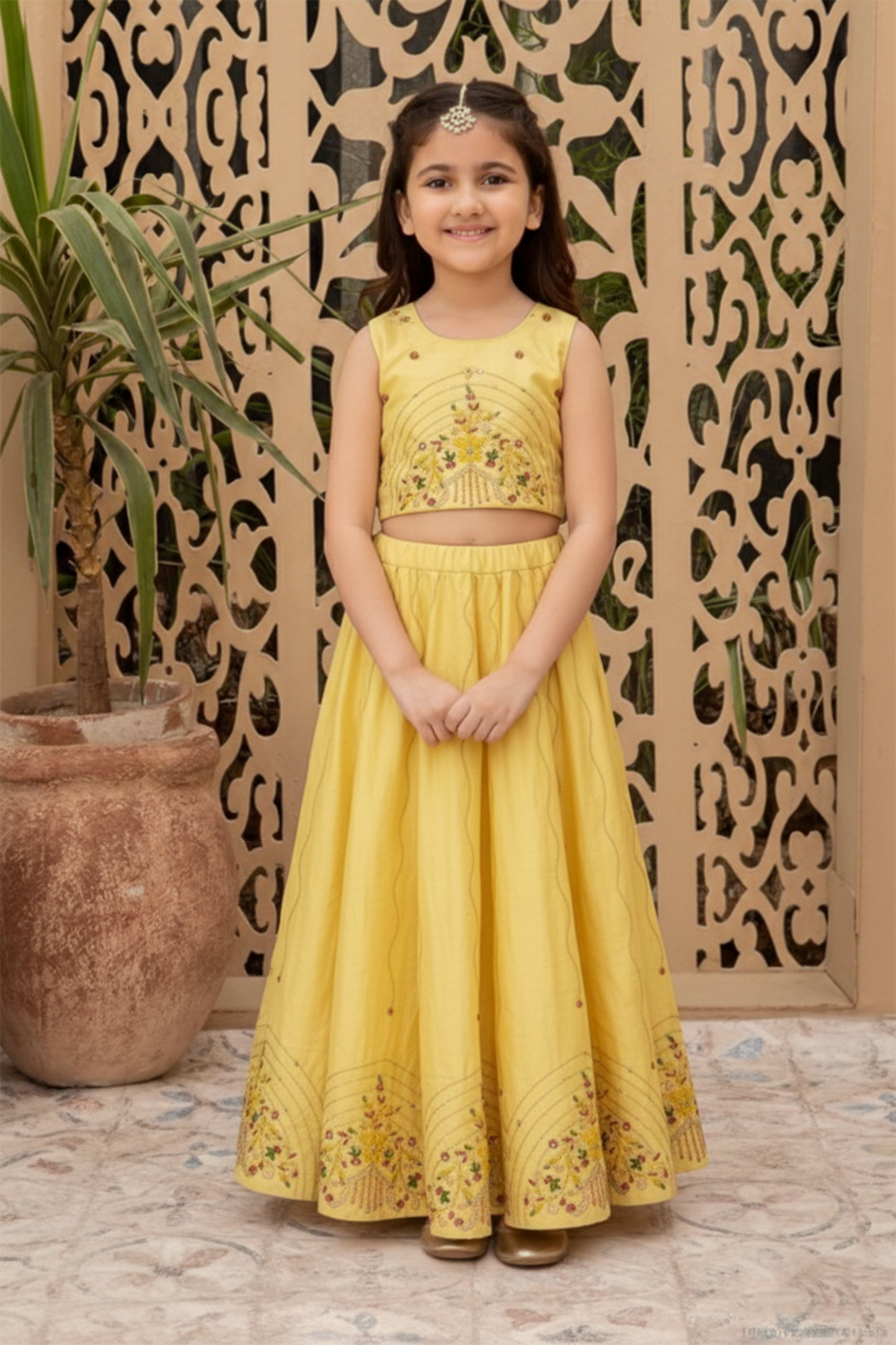 Yellow crest embroidered lehenga set