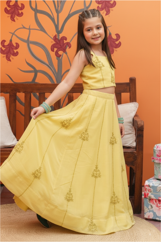 Yellow brooch embroidered lehenga set