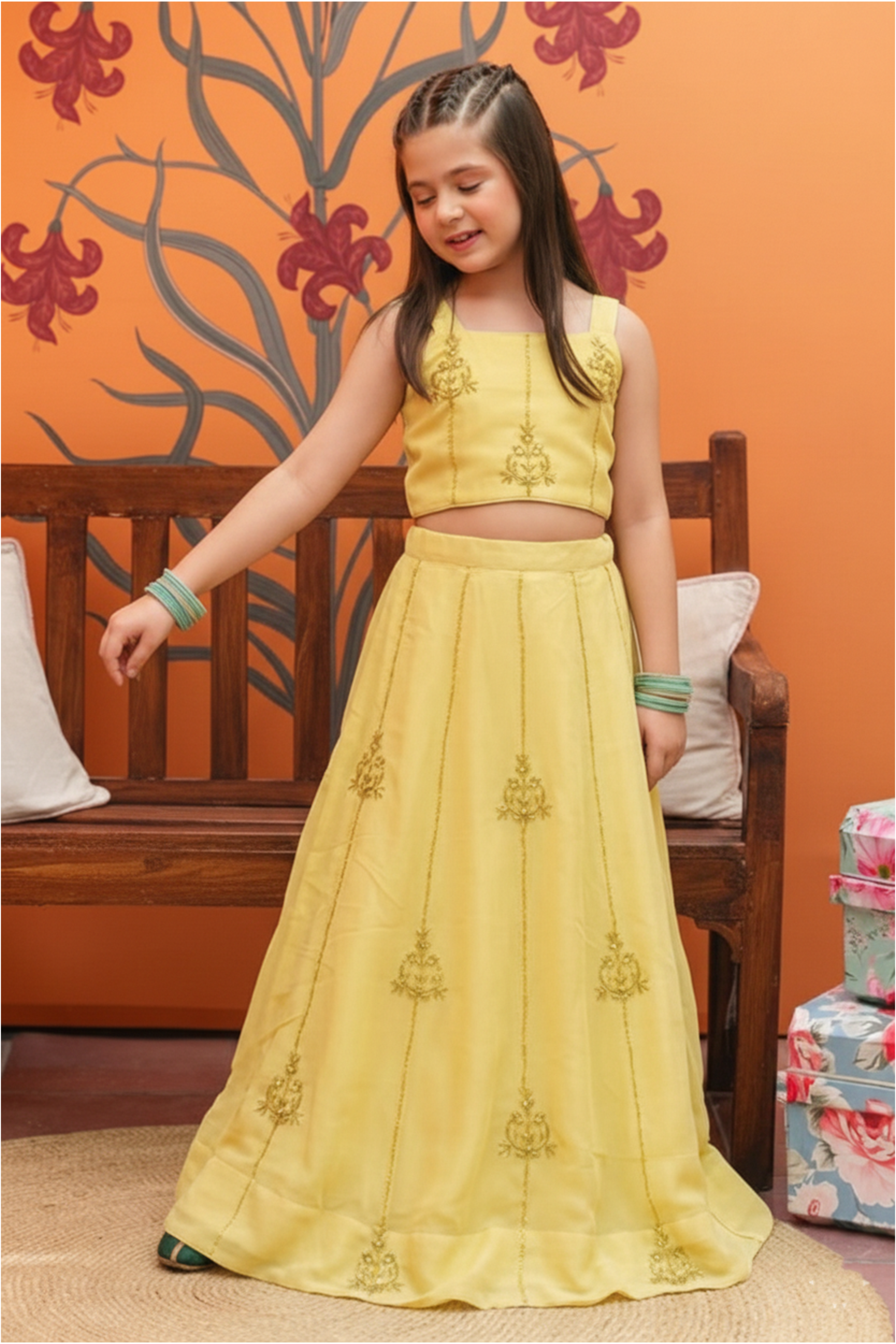 Yellow brooch embroidered lehenga set