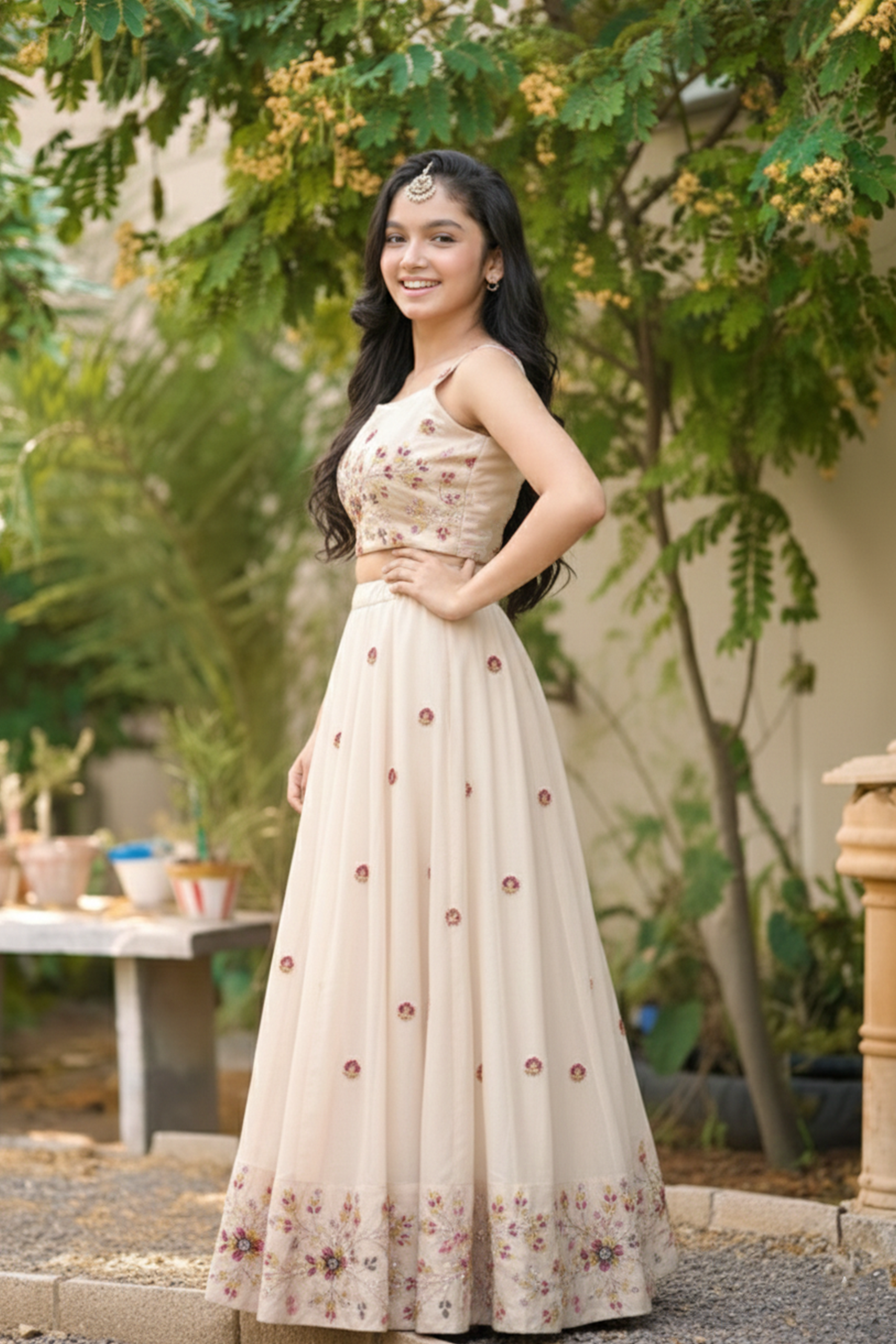 White bloom embroidered lehenga set