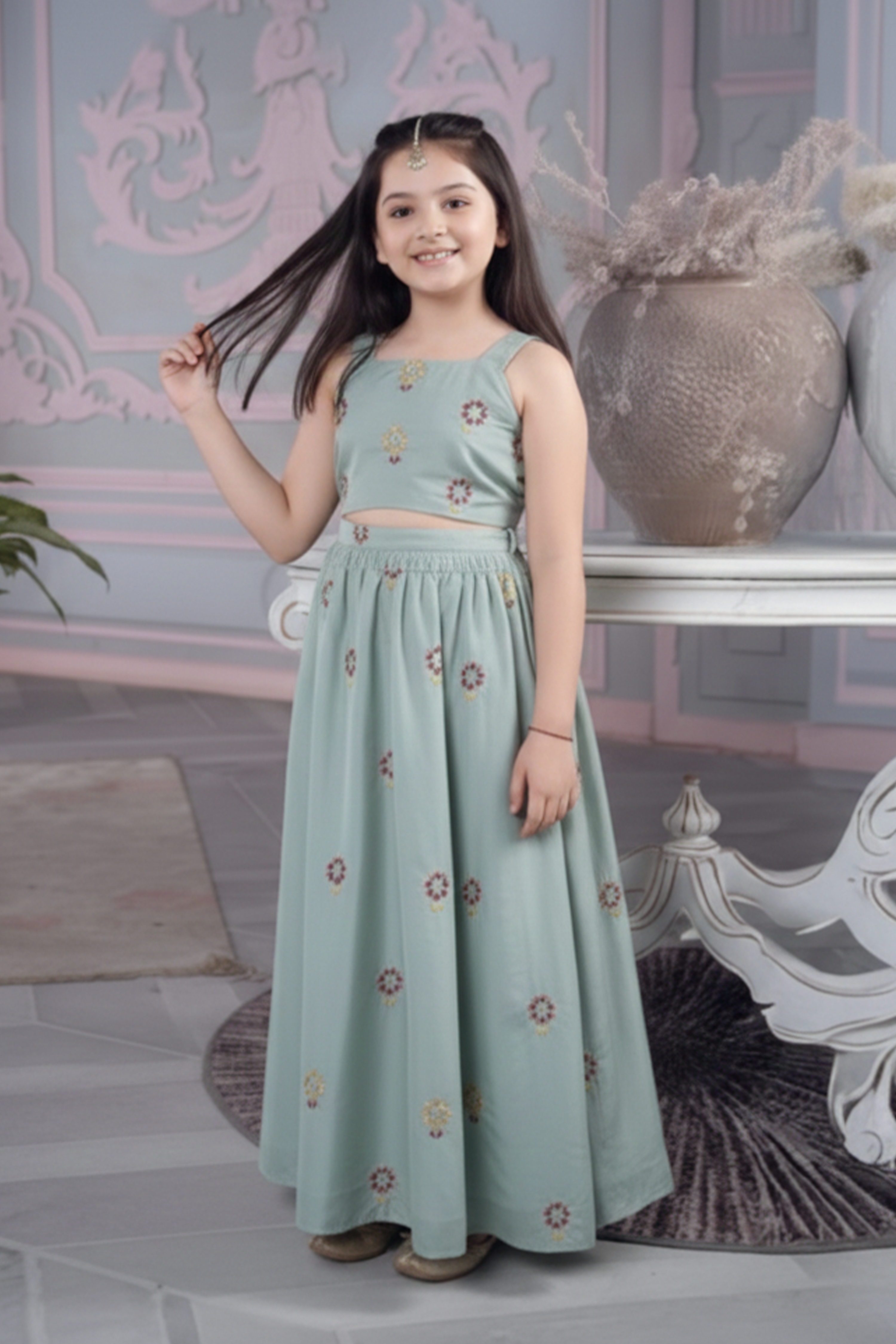 Mint sunflower embroidered lehenga set