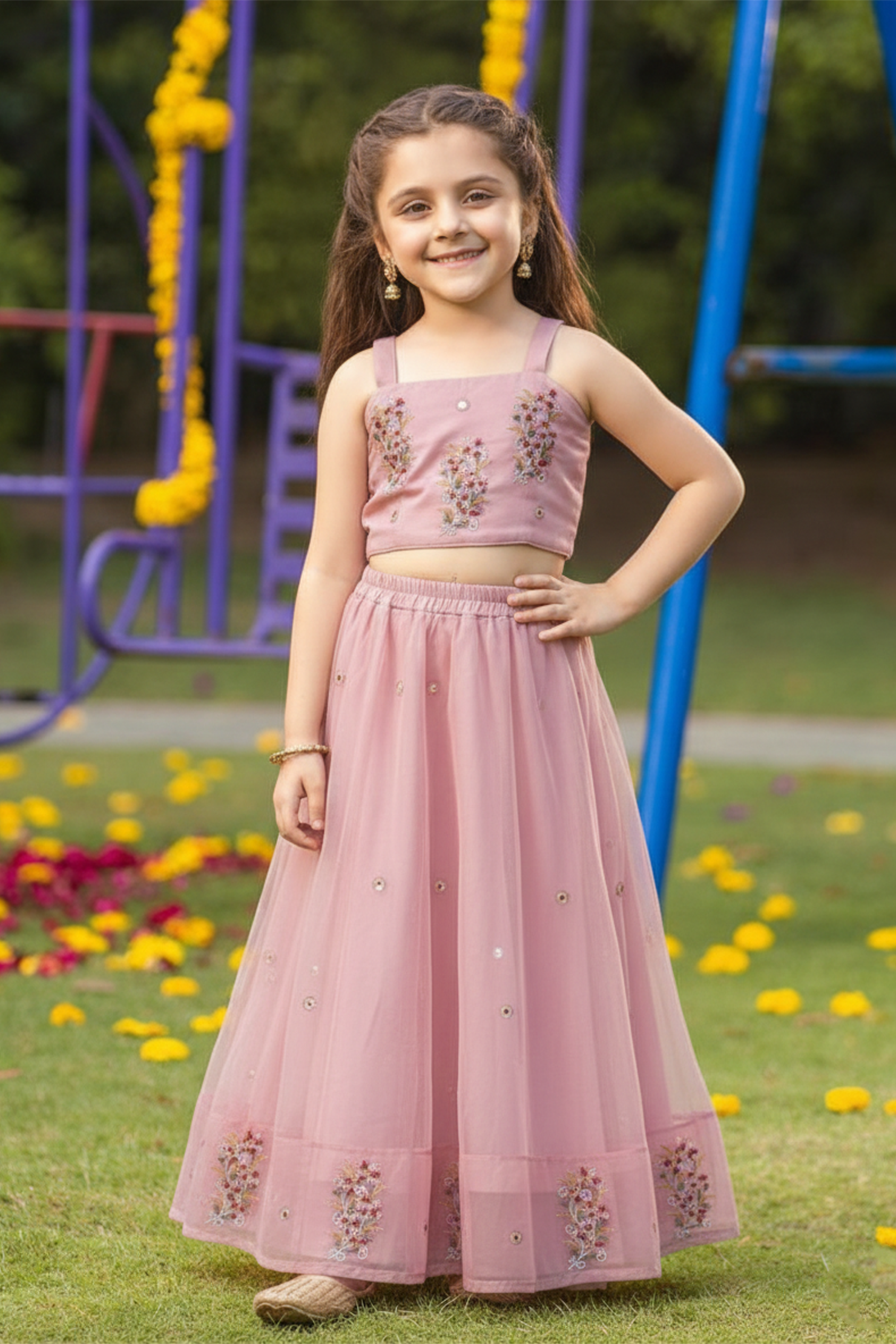 Flower brooch embroidered lehenga set