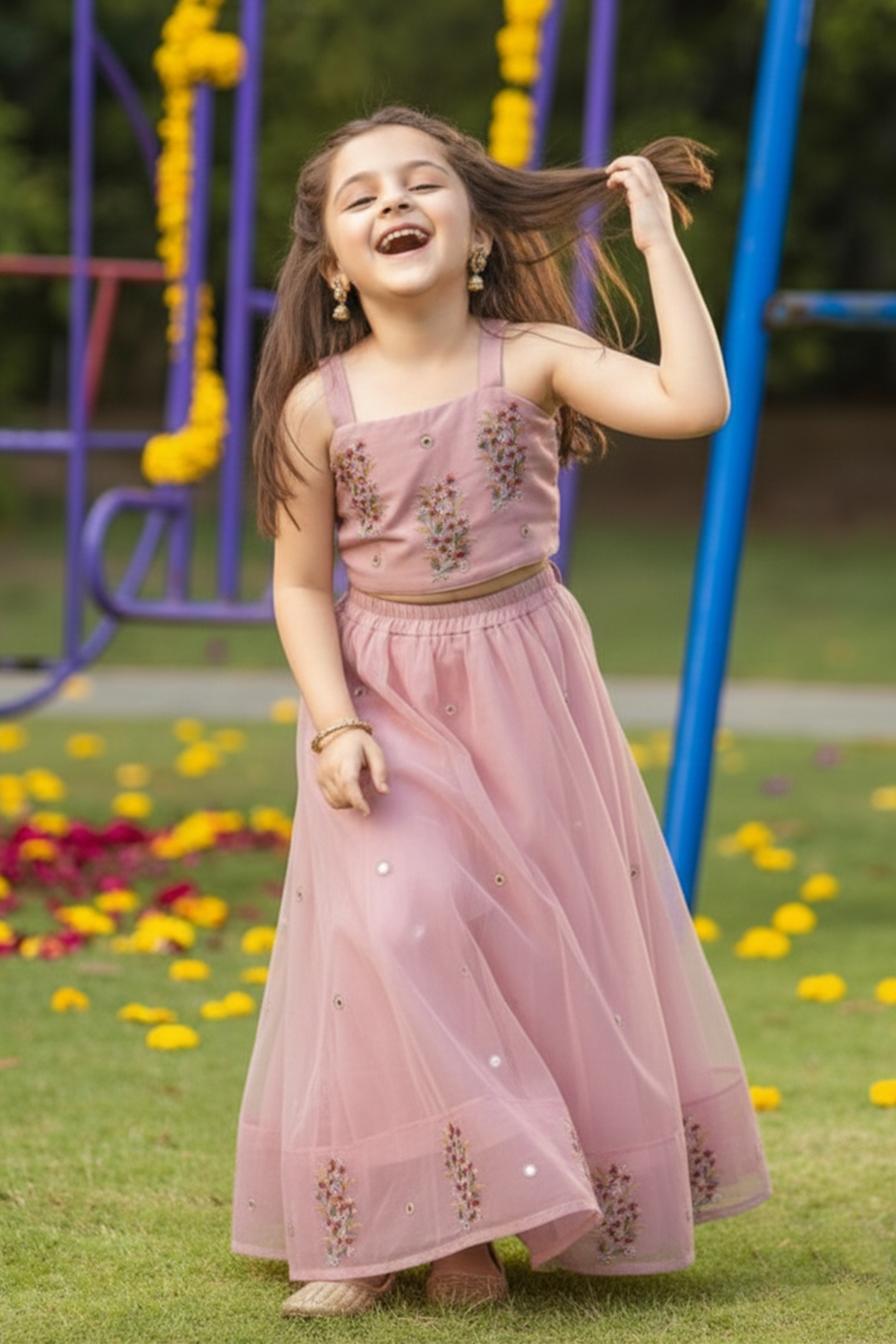 Flower brooch embroidered lehenga set