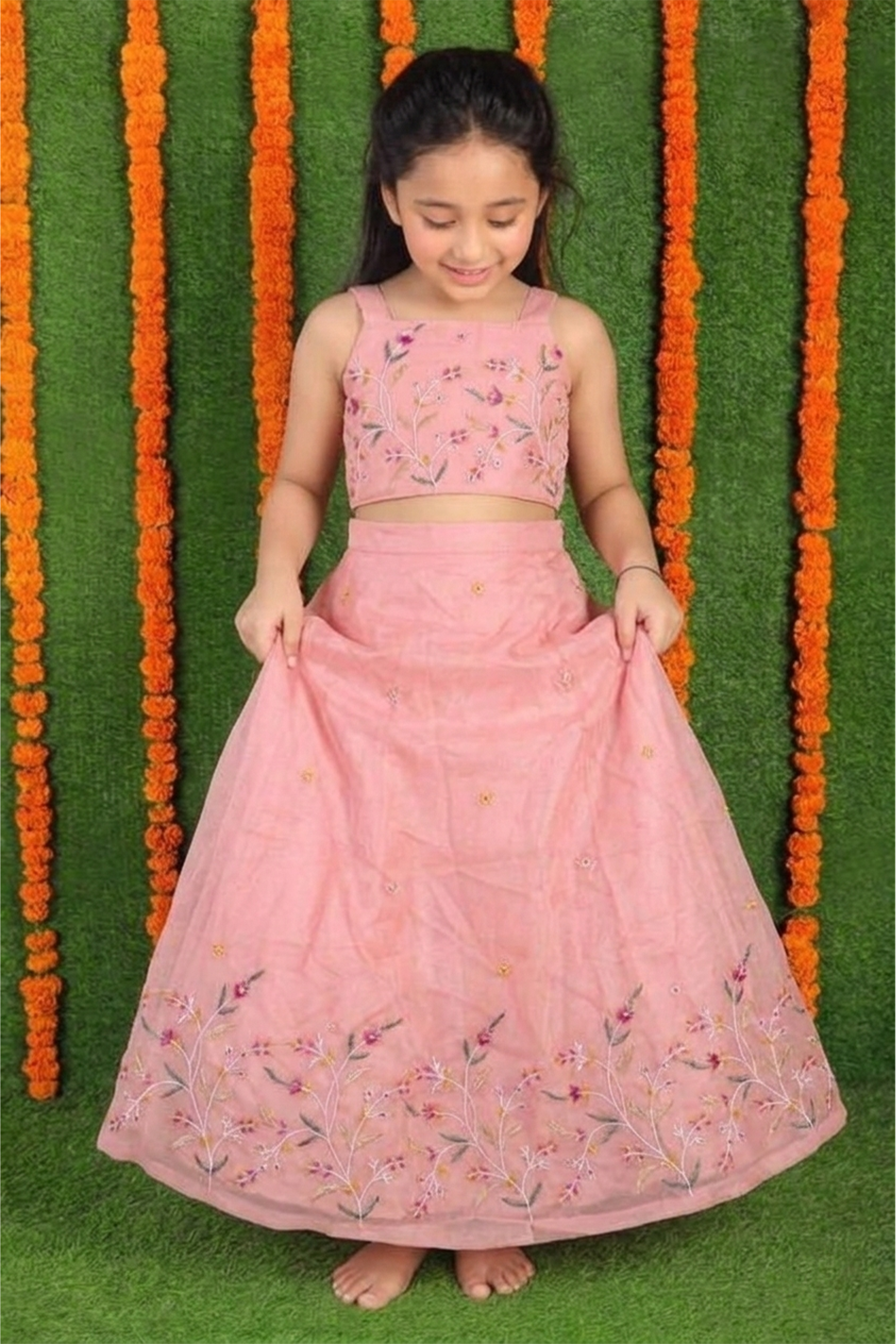 Peach flowers embroidered lehenga set